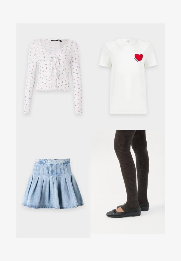 Camiseta blanca de manga larga con escote en V, detalle de lazo en el frente y un patrón de pequeñas cerezas rojas con hojas verdes. Dobladillo con forma de pico.; Camiseta blanca de manga corta con un corazón rojo y la palabra "AMOUR" impresa en el área del pecho izquierdo.; Falda de mezclilla en azul claro, con un diseño completamente plisado y una cinturilla. La tela tiene una textura sutil con detalles de costura visibles.; Piernas con leggings oscuros acanalados combinados con bailarinas negras que presentan pequeños detalles de lazo sobre un fondo blanco.