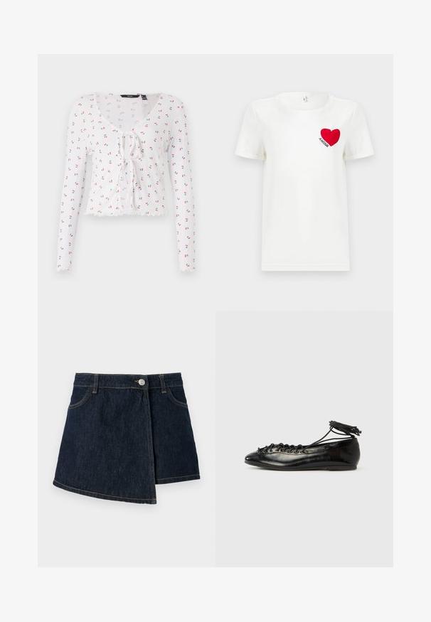 Camiseta blanca de manga larga con escote en V, detalle de lazo en el frente y un patrón de pequeñas cerezas rojas con hojas verdes. Dobladillo con forma de pico.; Camiseta blanca de manga corta con un corazón rojo y la palabra "AMOUR" impresa en el área del pecho izquierdo.; Falda de mezclilla con un lavado oscuro, forma en A, cierre delantero de botones y detalles de costura sutiles. Presenta un diseño de envoltura lateral.; Zapatos planos tipo ballet de charol negro con punta redondeada, diseño con cordones y suela plana. Textura lisa con detalles mínimos.
