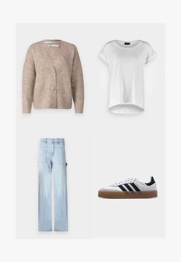 Beige cardigan med v-hals, lange ærmer og tre dekorative knapper med leopardmønster. Blød strik tekstur hele vejen igennem.; Hvid kortærmet T-shirt med rund halsudskæring, lidt længere bagkant, blødt bomuldsstof og oprullede ærmer. Ingen synlige tryk.; Lyseblå denim cargo bukser med et lige ben-design, forlommer og sidelommer. Stoffet har en subtil falmet tekstur.; Hvide lædersneakers med sorte striber, gummirubber sål, rund tå, snørelukning og blød grå ruskinds tåhætte.