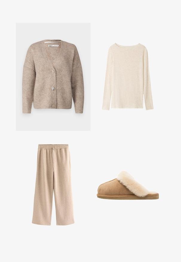 Beiger Cardigan mit V-Ausschnitt, langen Ärmeln und drei dekorativen Knöpfen mit Leopardenmuster. Weiche Strickstruktur in der gesamten Ausführung.; Langärmliges, hellbeiges Strickoberteil mit U-Boot-Ausschnitt und dezent melierter Textur.; Beige Hose mit weitem Bein, elastischem Bund und Kordelzug, aus einem weichen, gesprenkelten Stoff.; Beige Wildlederschlappen mit einem weichen, flauschigen Innenfutter aus cremefarbener Schafsleder. Verfügt über eine flache, strukturierte Gummisohle für einen sicheren Halt.