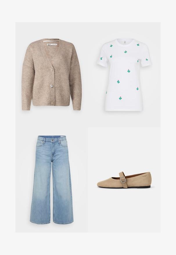 Beiger Cardigan mit V-Ausschnitt, langen Ärmeln und drei dekorativen Knöpfen mit Leopardenmuster. Weiche Strickstruktur in der gesamten Ausführung.; Weißes Baumwoll-T-Shirt mit zahlreichen grünen Kaktus-Stickereien und pinken Blumen. Kurze Ärmel und runder Halsausschnitt.; GAP Petite BAGGY DYLAN - Flared Jeans - light indigo; Beige Wildleder Mary Jane Ballerinas mit spitzer Zehe und einem verstellbaren Riemen mit einer silbernen Schnalle. Schwarze flache Sohle.