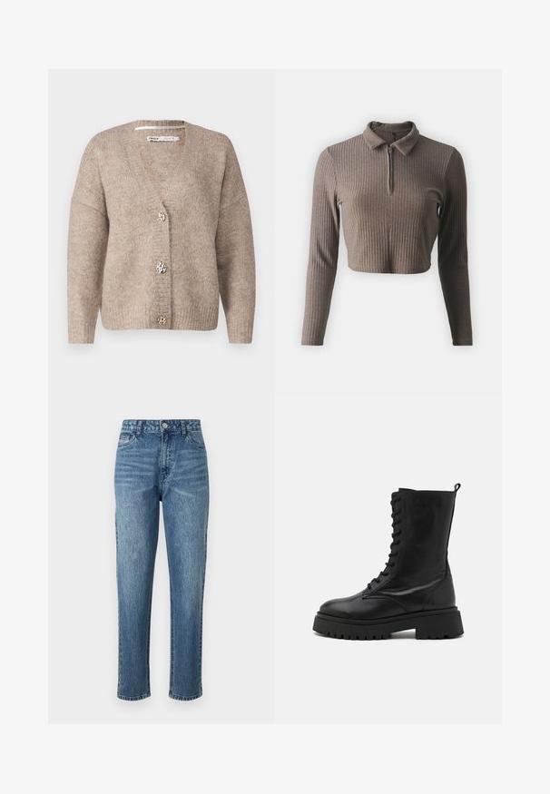 Beiger Cardigan mit V-Ausschnitt, langen Ärmeln und drei dekorativen Knöpfen mit Leopardenmuster. Weiche Strickstruktur in der gesamten Ausführung.; ONLY Petite ONLNELLA HALF ZIP - Langarmshirt - carafe; Blaue Denim-Jeans mit geradem Bein, fünf Taschen und einer vorderen Knopfverschluss. Helle Waschung mit subtilen Auswaschungen und einer strukturierten Oberfläche.; Schwarzer Lederkampfstiefel mit schnürbarem Vorderteil, abgerundeter Spitze, dicker Sohle und Zuglasche hinten. Strukturierte Oberfläche und robuste Verarbeitung.