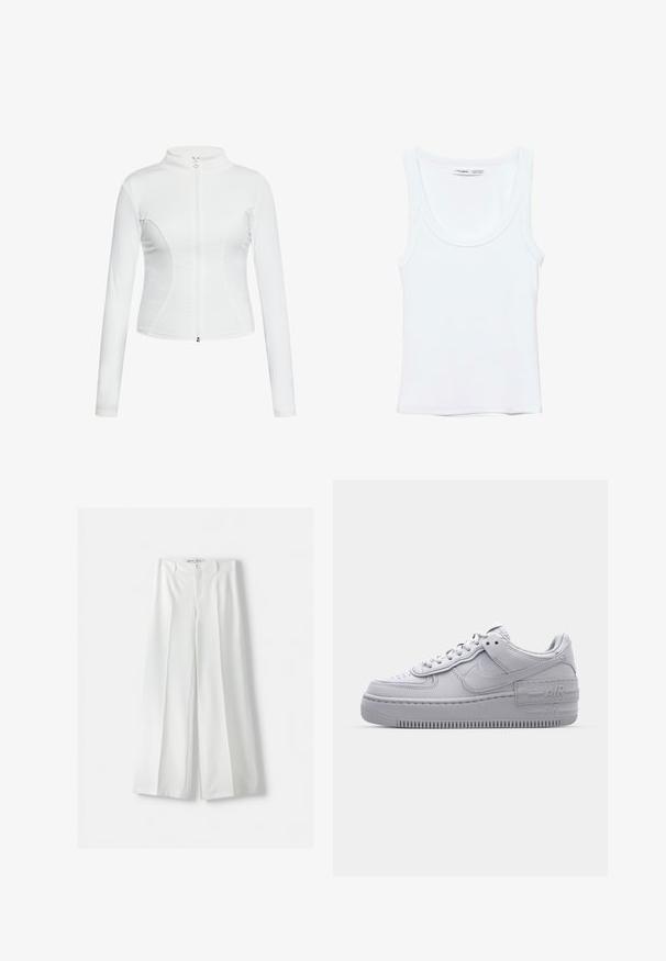 Witte zip-up jas met lange mouwen, een gladde textuur, een aansluitend design en gebogen naaddetails langs de zijkanten.; Effen witte mouwloze tanktop met ronde hals, gemaakt van zachte stof, met een label aan de binnenkant van de kraag dat merk en maat aangeeft.; Witte wijde pantalons met een hoge taille, middenvouw en klassieke knoopsluiting. Gemaakt van een soepele stof met een verfijnd ontwerp.; Grijze Nike Air Force 1 sneaker met geperforeerde neus, glad leren bovenwerk, dikke zool en verhoogde 'AIR' details op de hiel.