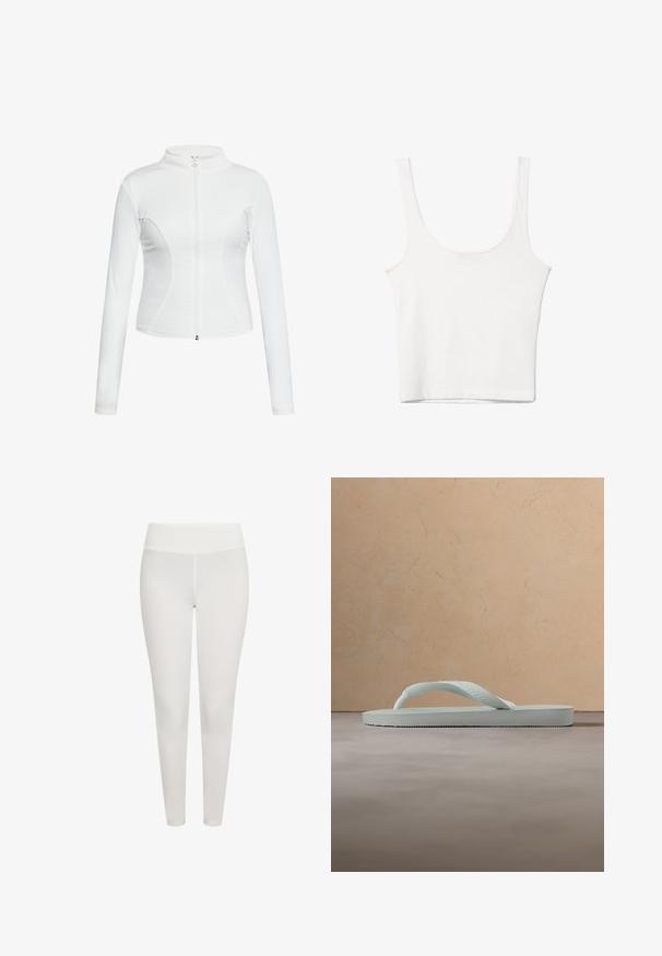 Hvid zippered jakke med lange ærmer, glat tekstur, tætsiddende design og buede sømdetaljer langs siderne.; Hvid bomulds tanktop med en rundet halsudskæring, uden ærmer og en tætsiddende pasform. Glat tekstur, ensartet design og minimale syninger.; Hvide leggings lavet af strækbart stof, med en høj talje og et glat, sømløst design. Velegnet til aktiv eller afslappet brug.; Enkel lysebeige gummiflipflop med tekstureret fodseng og Y-formet rem mod en ensfarvet grå baggrund.