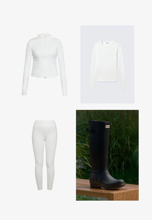 Witte zip-up jas met lange mouwen, een gladde textuur, een aansluitend design en gebogen naaddetails langs de zijkanten.; Effen wit shirt met lange mouwen en ronde hals, slim fit, afgebeeld tegen een lichtgrijze achtergrond.; Witte naadloze leggings met hoge taille en een gladde textuur, voorkant weergegeven op een effen witte achtergrond.; Zwarte rubberen kniehoge laars met een ronde neus, een lichte hak en een gespsluiting. Bevat het "HUNTER" logo op de voorkant.