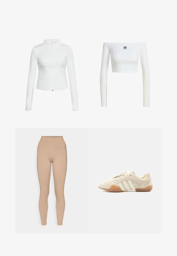 Hvid zippered jakke med lange ærmer, glat tekstur, tætsiddende design og buede sømdetaljer langs siderne.; Hvid crop top med off-shoulder i ribbet stof, som har lange ærmer og et lille sort Adidas-logo på fronten.; adidas Performance ALL ME SCULPT - Tights - chalky brown; Lavprofileret beige sneaker med tre hvide striber, teksturerede ruskindssidepaneler, gummisål og snørelukning på ensfarvet baggrund.