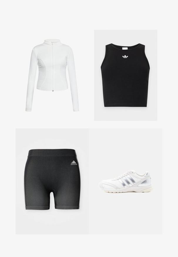 Weißer Reißverschlussjacke mit langen Ärmeln, glatter Textur, taillierter Passform und geschwungenen Nahtdetails an den Seiten.; Schwarzes, geripptes ärmelloses Crop-Top mit rundem Ausschnitt und kleinem weißen Adidas-Trefoil-Logo, das zentriert in der Nähe des Kragens platziert ist.; Schwarze Sportshorts aus einem strukturierten Stoff, mit einem elastischen Bund und einem kleinen weißen Adidas-Logo auf der oberen linken Seite.; Weißer Sportschuh mit silbernen Akzenten, strukturiertem Obermaterial, dreistreifigem Design und einer dicken Gummisohle.