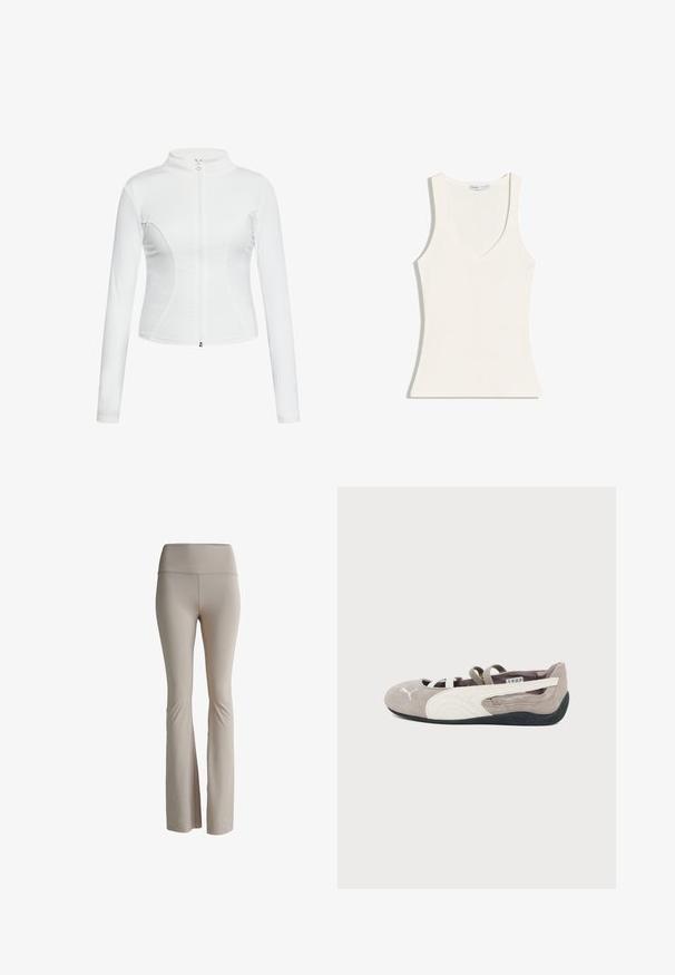 Witte zip-up jas met lange mouwen, een gladde textuur, een aansluitend design en gebogen naaddetails langs de zijkanten.; Mouwloos wit geribd tanktopje met diepe ronde halslijn, aansluitende pasvorm en smalle schouderbandjes.; Beige flare leggings gemaakt van rekbaar materiaal. Voorzien van een brede tailleband en een gladde textuur, ontworpen voor comfort en flexibiliteit.; Lichtbruine suède ballerina met wit Puma-logo, witte zijstreep, elastische bandjes en een zwarte rubberen zool.