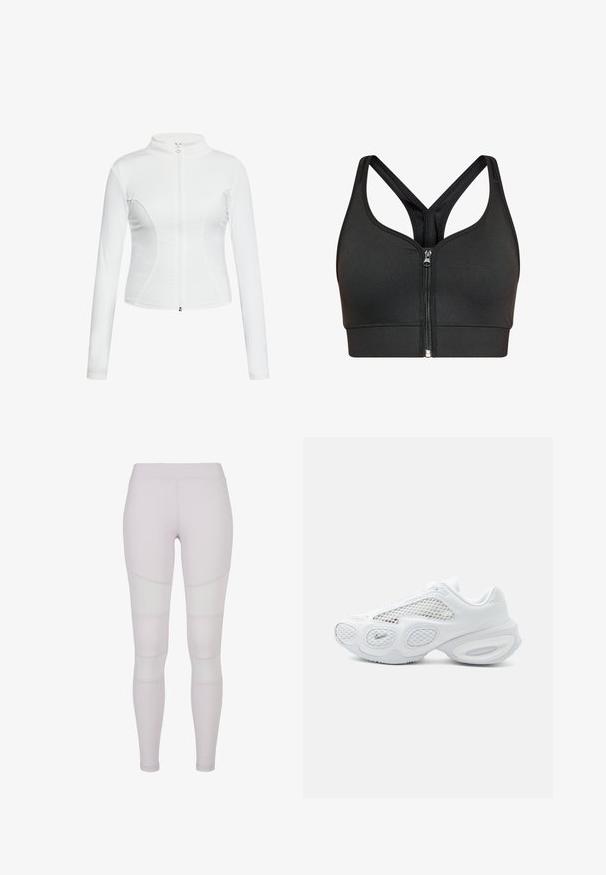 Witte zip-up jas met lange mouwen, een gladde textuur, een aansluitend design en gebogen naaddetails langs de zijkanten.; Zwarte sportbeha met ritssluiting aan de voorkant en racerback-bandjes op een witte achtergrond.; Lichtgrijze leggings van een gladde, rekbare stof. Kenmerken zijn een paneelontwerp met contrasterende secties. Geen zichtbare hardware of accenten.; Witte sportsneaker met meshpanelen, afgerond zoolontwerp en klein Nike-logo bij de teen op een effen lichte achtergrond.