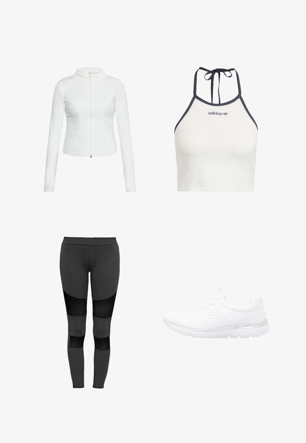 Veste zippée blanche avec des manches longues, texture lisse, design ajusté et détails de couture incurvés sur les côtés.; Haut halter court blanc en tissu doux, avec un liseré marine et des liens ajustables au cou. Logo "adidas" brodé à l'avant.; Leggings de sport noirs au design ajusté, avec des panneaux en mesh transparent sur les cuisses et sous les genoux, offrant un contraste texturé.; Chaussure de sport blanche avec un dessus en tricot texturé, un accent argenté sur la semelle et une semelle extérieure en caoutchouc flexible pour le confort et le soutien.