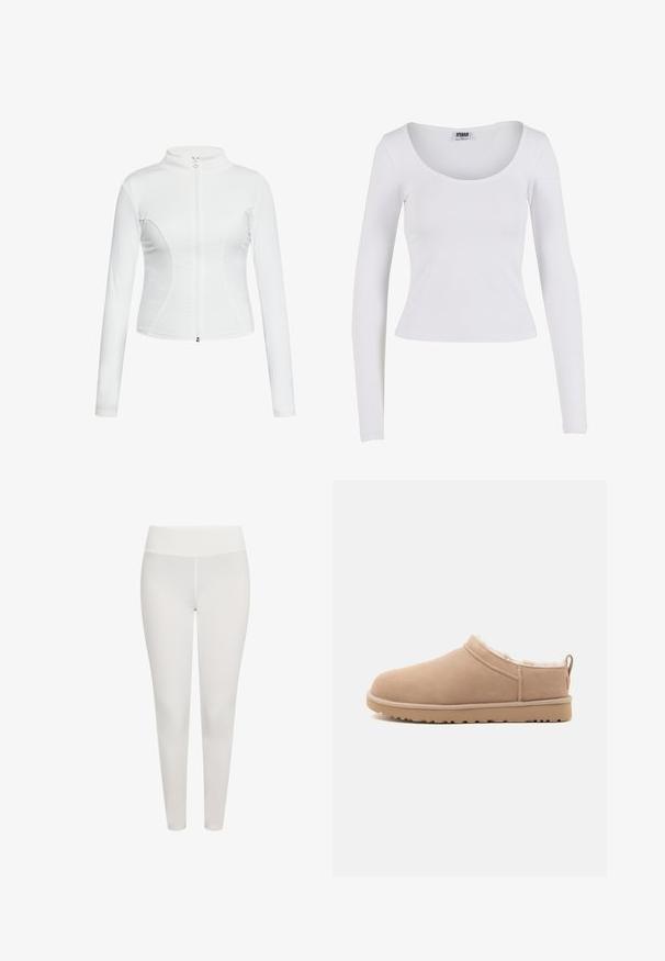 Veste zippée blanche avec des manches longues, texture lisse, design ajusté et détails de couture incurvés sur les côtés.; Haut blanc à manches longues avec un col dégagé, en tissu extensible, présentant une coupe ajustée et une construction sans couture sans accents visibles.; Leggings blancs en tissu extensible, dotés d'une taille haute et d'un design lisse et sans coutures. Conviennent pour un usage actif ou décontracté.; Chausson beige à enfiler avec extérieur en suède doux, doublure en fourrure blanche moelleuse et semelle en caoutchouc avec bande de traction, montré en profil latéral.