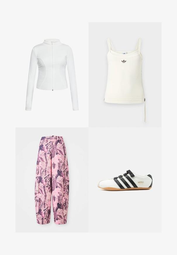 Witte zip-up jas met lange mouwen, een gladde textuur, een aansluitend design en gebogen naaddetails langs de zijkanten.; Roomkleurig tanktop met dunne bandjes; Adidas-logo in zwart op de borst. Glad stof met een koorddetail aan de zoom. Eenvoudig ontwerp.; Roze en paarse wijdgaande broek met een bladeren- en takkenpatroon, heeft een hoge taille en zijzakken voor extra functionaliteit.; Witte Adidas Tokyo sneaker met zwarte strepen, zwarte klittenbandsluitingen en een gumzool, zijaanzicht op een witte achtergrond.