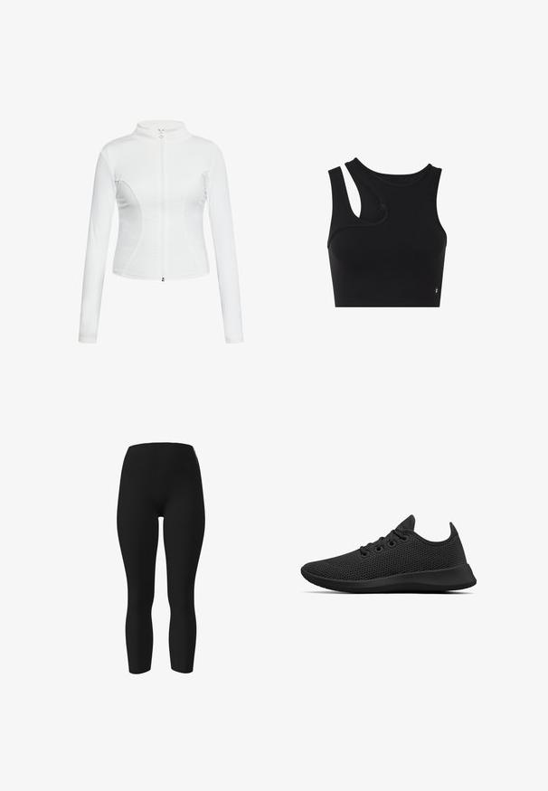 Witte zip-up jas met lange mouwen, een gladde textuur, een aansluitend design en gebogen naaddetails langs de zijkanten.; Zwarte mouwloze cropped top met asymmetrische schouderuitsnijding aan de linkerkant, ontworpen voor sportief of casual gebruik.; Zwarte cropped leggings met hoge taille, nauwsluitend silhouet, naadloos ontwerp en een klein logo aan de bovenkant.; Allbirds TREE RUNNERS - Sneakers laag - jet black