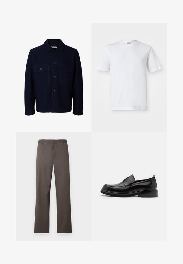 Chaqueta azul marino de lana con mangas largas, cierre frontal con botones, dos bolsillos en el pecho con solapas y botones, y cuello clásico.; Camiseta de algodón blanca con mangas cortas, escote redondo y una textura suave. No se observan patrones ni detalles.; Pantalones de algodón marrón con diseño de pierna recta, con trabillas para cinturón y textura suave. Sin patrones visibles ni detalles de herrajes.; Calvin Klein MOCCASIN - Mocasines elegantes - black