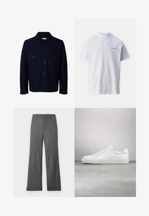Marineblå uldjakke med lange ærmer, knaplukning foran, to brystlommer med klapper og knapper samt en klassisk krave.; Hvid bomulds t-shirt med høj halsudskæring og korte ærmer. Har "SAMSØE SAMSØE" logo i sort på forsiden. Glat tekstur.; Grå bukser med vidde i benene, lavet af struktureret stof med et subtilt mønster, med frontknaplukning og opsmøgede manchetter.; Hvide sneakers med en glat læderoverdel og lav profil. Har en rund tå, seks snørehuller og en tekstureret gummisål.