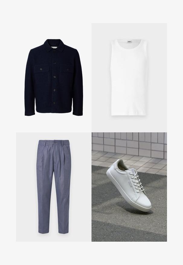 Chaqueta azul marino de lana con mangas largas, cierre frontal con botones, dos bolsillos en el pecho con solapas y botones, y cuello clásico.; Camiseta sin mangas de algodón blanco con cuello redondo y una textura suave. Diseño sencillo, sin patrones ni acentos.; Pantalones tejidos azul con un corte ajustado, que presentan pliegues delanteros, un cierre de botón y una textura suave. Largo recortado con piernas rectas.; Zapatilla blanca hecha de cuero texturizado, con un cierre de cordones en la parte delantera, suela de goma resistente y un diseño minimalista con puntera reforzada.