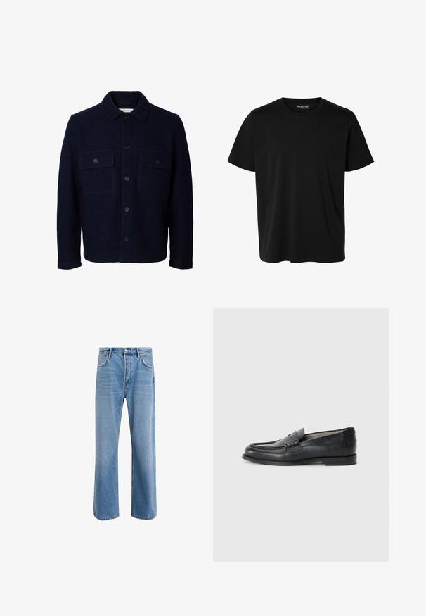 Marineblå uldjakke med lange ærmer, knaplukning foran, to brystlommer med klapper og knapper samt en klassisk krave.; Ensfarvet sort t-shirt med korte ærmer og rund hals, herrepasform, uden synlige mønstre eller logoer foran.; Lyseblå denim jeans med lige ben-design, fem lommer, knaplukning, minimal falming og kontraststingdetaljer.; Sorte læder loafers med en glat finish, rund tå, dekorativ rem og minimalistisk design. Har en lav blokhæl.
