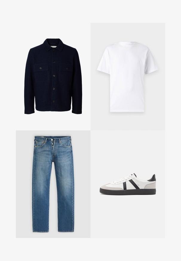 Marineblå uldjakke med lange ærmer, knaplukning foran, to brystlommer med klapper og knapper samt en klassisk krave.; Hvid kortærmet t-shirt lavet af bomuld med rund hals, der har en glat tekstur og et simpelt design uden mønstre eller accenter.; Lysblå denim jeans med lige pasform, der har fem lommer, metalknaplukning og kontrastgule syninger.; Hvide sneakers med sorte og grå detaljer, med en tekstureret grå tåhætte, sort gummisål og flade hvide snørebånd. Rent design, minimalistisk stil.