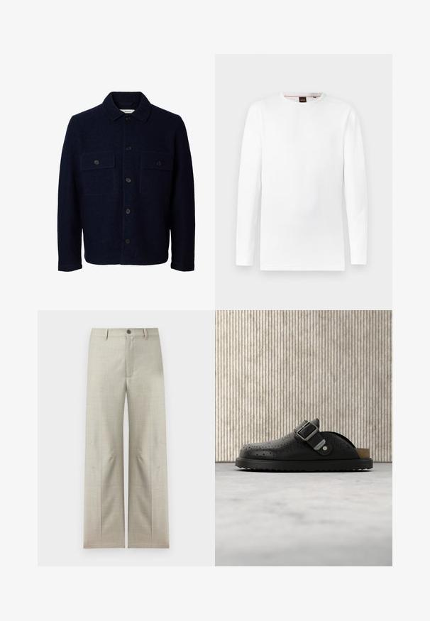 Veste en laine bleu marine à manches longues, fermeture à boutons sur le devant, deux poches poitrine à rabat avec boutons, et un col classique.; T-shirt blanc à manches longues en matière texturée, avec un col rond et un logo discret embossé au centre.; Pantalon formel beige clair à jambes droites, fermeture avec bouton et fermeture éclair, passants pour ceinture, présenté sur un fond blanc.; Sabot noir en cuir sans lacets avec boucle et motif perforé, posé sur un tapis clair près d'une table translucide marron.