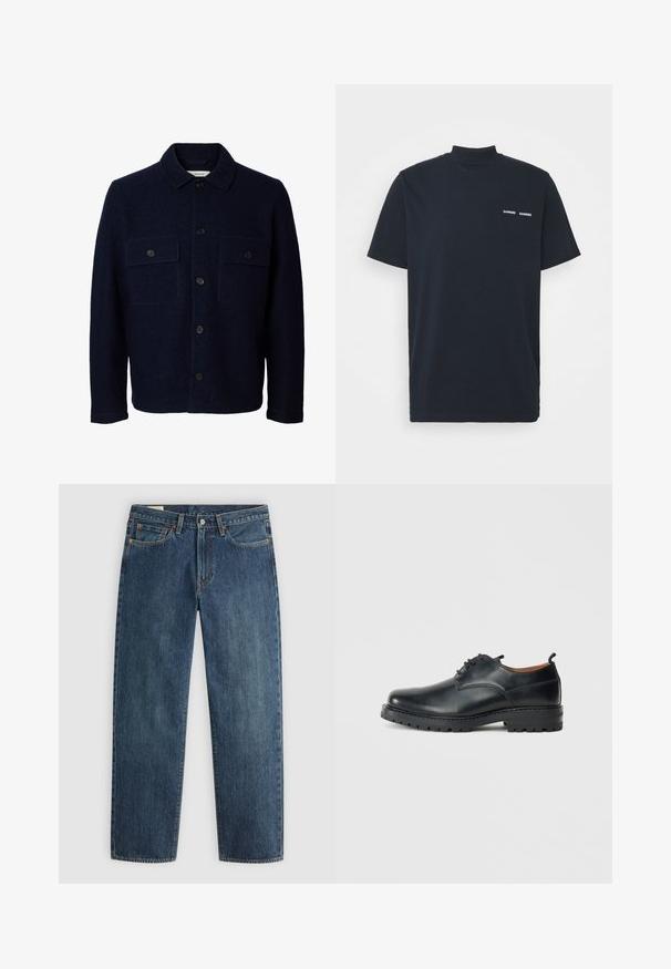 Marineblå uldjakke med lange ærmer, knaplukning foran, to brystlommer med klapper og knapper samt en klassisk krave.; Kortærmet, højhalset t-shirt i mørk marineblå bomuld med et minimalistisk hvidt logo på brystet, der har en glat tekstur og almindelig pasform.; Mørkeblå denim jeans med lige pasform, fem lommer, synlige syninger og en metalknaplukning i taljen. Stof af medium vægt.; Sorte læder derby-sko med en glat overflade, rund tå, snøre-design og en tyk, robust gummisål.