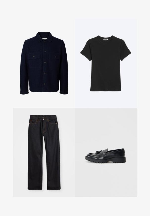 Marineblå uldjakke med lange ærmer, knaplukning foran, to brystlommer med klapper og knapper samt en klassisk krave.; Enkel sort t-shirt med korte ærmer og rund hals med et Weekday-mærke inde i kraven, vist på en hvid baggrund.; Mænds lige ben sorte denim jeans med fem lommer og orange syninger, knap- og lynlåslukning foran på taljen.; Sorte læder loafers med en blank finish, kraftig gummisål og dekorativt frynse-detalje på forsiden.
