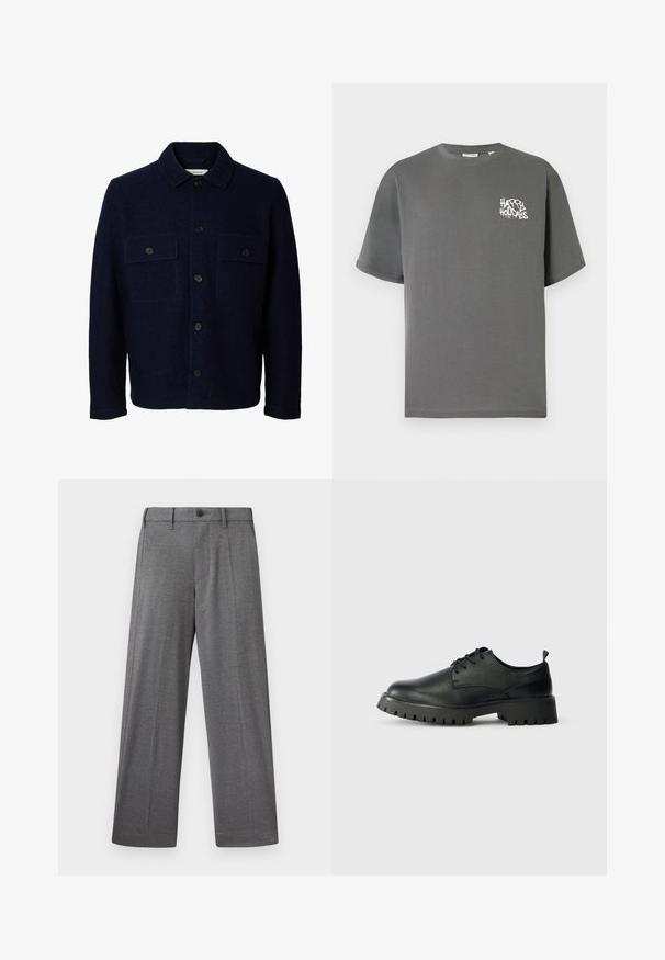 Veste en laine bleu marine à manches longues, fermeture à boutons sur le devant, deux poches poitrine à rabat avec boutons, et un col classique.; T-shirt en coton gris à manches courtes et col rond, avec le texte blanc "HAPPY HOLIDAYS" en style graffiti sur le devant.; Pantalon gris à jambes larges en tissu texturé, avec une fermeture à bouton, des poches latérales et des plis nets le long des jambes.; Chaussures en cuir noir à lacets avec un bout arrondi, surface texturée et semelle en caoutchouc épaisse dotée de profondes rainures pour une meilleure adhérence.