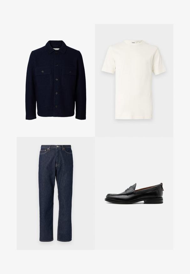 Marineblå uldjakke med lange ærmer, knaplukning foran, to brystlommer med klapper og knapper samt en klassisk krave.; Lysebeige bomuld t-shirt med korte ærmer og rund halsudskæring. Har en glat tekstur og et enkelt design uden mønstre eller accenter.; Mørkeblå denim jeans med lige ben-design. Har knappelukning og lynlås, fem lommer og kontraststikningsdetaljer.; Sort læder herre loafer med moc-tå syning, penny strop, struktureret krave og lav stablet hæl på hvid baggrund.