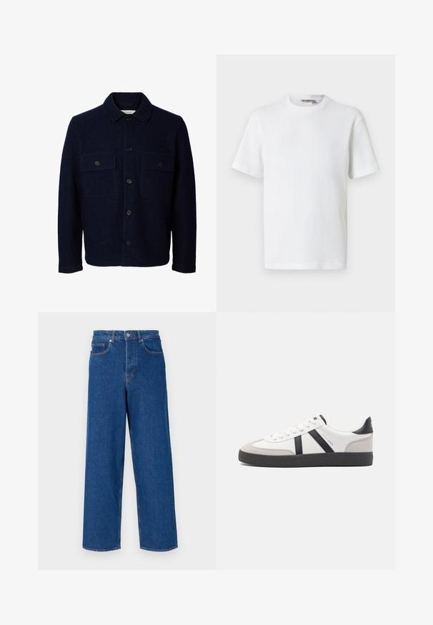 Marineblå uldjakke med lange ærmer, knaplukning foran, to brystlommer med klapper og knapper samt en klassisk krave.; Hvid kortærmet t-shirt i vaffelmønster med rund hals og et lille mærke med brandnavn inde i kraven, vist på en ensfarvet baggrund.; Bredde ben blå jeans lavet af denim, med høj talje, fem-lomme design og kontrastsyninger langs sømene og lommerne.; Hvide sneakers med sorte og grå detaljer, med en tekstureret grå tåhætte, sort gummisål og flade hvide snørebånd. Rent design, minimalistisk stil.