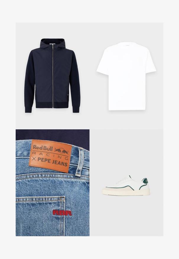 Navy hættejakke kombinerer en glat, let skal med rib-strikkede ærmer og kant. Midterste lynlås lukning med en diskret logodetalje.; Hvid bomulds T-shirt med rund hals, korte ærmer og en afslappet pasform. Glat tekstur, minimal dekoration og ingen mønstre eller grafik.; Denimjeans med en lysebrun læderlap mærket "Red Bull Racing X Pepe Jeans." Har rød "RBR" broderi og lyseblå vask.; Hvide lavtop sneakers med grønne detaljer, beige ruskind og en cremefarvet sål med en rilllet bund.