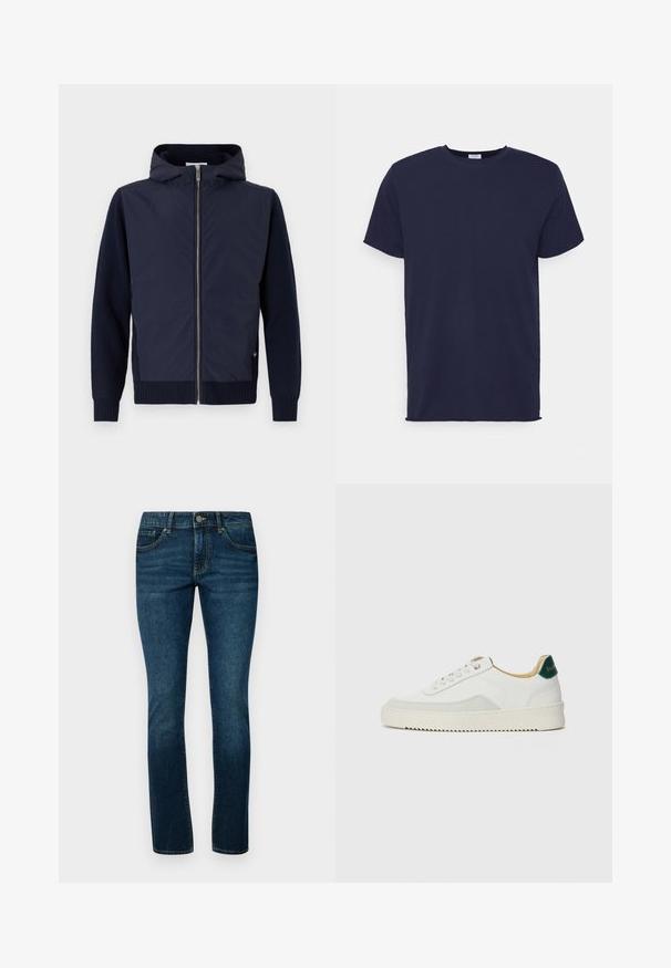 Navy hættejakke kombinerer en glat, let skal med rib-strikkede ærmer og kant. Midterste lynlås lukning med en diskret logodetalje.; Marineblå kortærmet t-shirt lavet af blødt stof. Har rund halsudskæring og en lige pasform uden mønstre eller accenter.; Mørkeblå denimjeans med en klassisk lige pasform, fem-lomme-design og en robust metalknaplukning i taljen.; Hvide sneakers med ruskindsdetaljer, rund tå, flade snørebånd og en cremet gummisål. Har grøn branding på hælen.