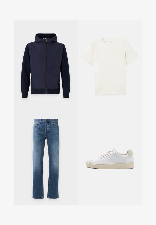 Navy hættejakke kombinerer en glat, let skal med rib-strikkede ærmer og kant. Midterste lynlås lukning med en diskret logodetalje.; Korte ærmer, crew neck t-shirt i lys beige, blødt bomuldsstof med en afslappet pasform og uden synlige mønstre eller accenter.; Blå denim jeans med lige ben design, falmede vask, fem lommer og kontrastsyning. Knap- og lynlås-lukning i taljen.; Hvide sneakers med en glat læderoverdel, beige snørebånd og en tekstureret beige ruskindsheel-tab. Hævet sål for ekstra højde.