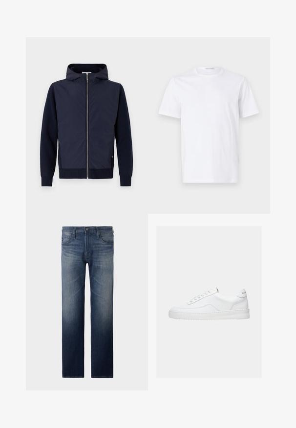 Navy hættejakke kombinerer en glat, let skal med rib-strikkede ærmer og kant. Midterste lynlås lukning med en diskret logodetalje.; Hvid bomulds t-shirt med rund halsudskæring og korte ærmer. Glat tekstur, lige snit og minimalistisk design uden mønstre eller accenter.; Straight-leg jeans i mørkeblåt vask. Har fem lommer, lynlås og knaplukning. Let slidte tekstur ved låret. Denim stof.; Hvid lavt sneaker med snørelukning, glat læderoverdel og tyk sål, vist fra siden på en ensfarvet baggrund.