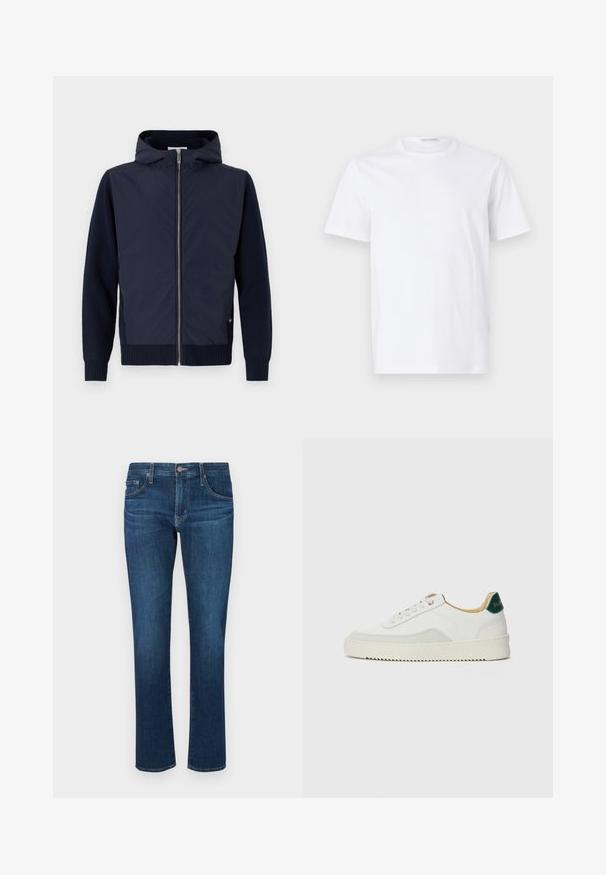 Navy hættejakke kombinerer en glat, let skal med rib-strikkede ærmer og kant. Midterste lynlås lukning med en diskret logodetalje.; Hvid bomulds t-shirt med rund halsudskæring og korte ærmer. Glat tekstur, lige snit og minimalistisk design uden mønstre eller accenter.; Mørkeblå denimjeans med lige ben-design, klassisk fem-lomme stil og en knaplukning i taljen. Glat tekstur.; Hvide sneakers med ruskindsdetaljer, rund tå, flade snørebånd og en cremet gummisål. Har grøn branding på hælen.