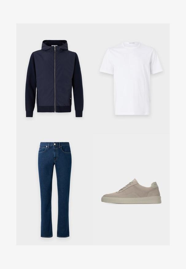 Navy hættejakke kombinerer en glat, let skal med rib-strikkede ærmer og kant. Midterste lynlås lukning med en diskret logodetalje.; Hvid bomulds t-shirt med rund halsudskæring og korte ærmer. Glat tekstur, lige snit og minimalistisk design uden mønstre eller accenter.; Mørkeblå denimjeans med et slankt lige ben design, klassisk fem-lomme stil og en knaplukning i taljen.; Beige ruskindssneakers med en tekstureret finish, rund tå og tonale snørebånd. Har en tyk gummisål og diskret branding på hælen.
