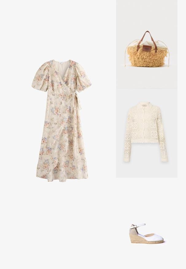 Cardigan en crochet blanc avec un col, présentant un motif carré complexe, des manches longues et des bords festonnés. Fermeture à boutons à l'avant.; Robe portefeuille avec manches bouffantes, imprimé floral pastel sur fond crème, encolure en V et ceinture à nouer, longueur midi avec jupe à volants.; Chaussure compensée en toile blanche avec une semelle intermédiaire en jute. Dispose d'une sangle de cheville en matériau texturé. Design à bout rond et à l'arrière fermé.; Sac à main en paille tressée avec un extérieur à franges, des poignées en cuir marron et une fermeture à cordon en tissu crème à l'intérieur.