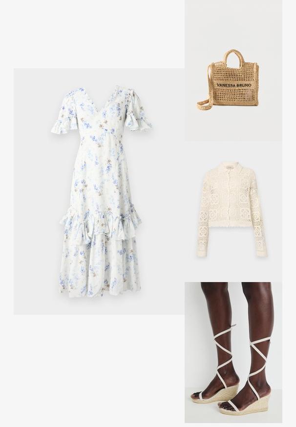 Hvid hæklede cardigan med krave, prydet med et indviklet firkantet mønster, lange ærmer og bølgede kanter. Knaplukning foran.; Blomster midi kjole i lyseblå og hvid med puffede ærmer, V-hals og volangkant, med spredte mørkebrune detaljer og mønstre.; Kile sandal med en tekstureret espadrille sål, beige stropper der krydser omkring anklen, åben tå design, glat læderlignende materiale.; Vævet beige håndtaske med to håndtag, lang rem, åben vævning og "VANESSA BRUNO" broderet i sort på forsiden.