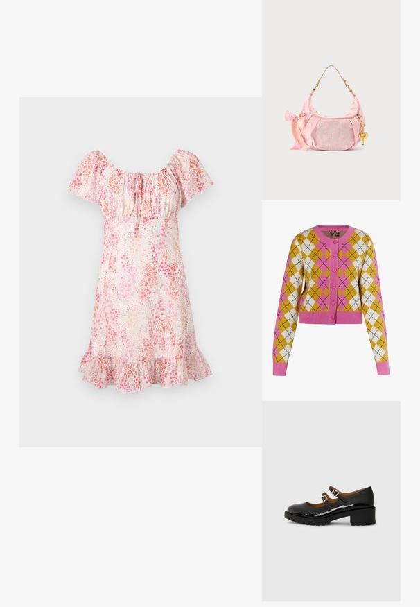 Cárdigan recortado en un patrón de rombos amarillo, blanco y rosa. Presenta botones rosas y puños acanalados. Hecho de material de punto suave.; Vestido corto floral con mangas abullonadas, escote fruncido y dobladillo con volantes en tonos rosa y durazno sobre fondo blanco.; Zapatos Mary Jane de charol negro con dos correas ajustables, puntera redonda y tacón de goma grueso con un patrón de firmeza texturizado.; Bolso de hombro de terciopelo rosa Juicy Couture con cadena dorada, charm en forma de corazón, logotipo bordado y detalle de lazo de satén rosa.