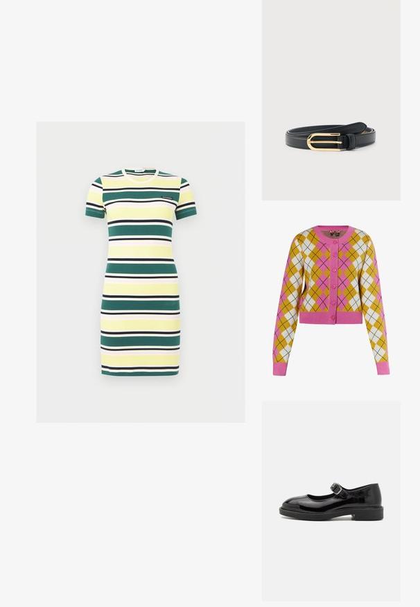Cropped cardigan i gul, hvid og lyserød argyle mønster. Har lyserøde knapper og ribbede manchetter. Fremstillet af blødt strikmateriale.; Kortærmet ribstrikket kjole med horisontale striber i grøn, gul, sort og hvid, med et lille sort logo på brystet.; Sorte patentlæder Mary Jane-sko med rund tå, justerbar spænde, lav blokhælhæl og glat, blank finish.; Sort læderbælte med en elegant oval spænde i guld, rullet sammen på en ensartet, lys grå baggrund.