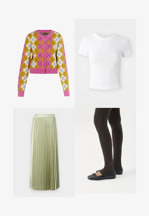 Cropped cardigan i gul, hvid og lyserød argyle mønster. Har lyserøde knapper og ribbede manchetter. Fremstillet af blødt strikmateriale.; Simpel hvid kortærmet cropped t-shirt med rund halsudskæring, præsenteret på en neutral lys baggrund.; Plisseret midi-nederdel i lysegrøn satin med en glat tekstur. Tætsiddende talje, falder til midt på læggen, med lige lodrette plisseringer hele vejen igennem.; Ben iført mørke ribbede leggings kombineret med sorte balletsko med små sløjfedetaljer på hvid baggrund.