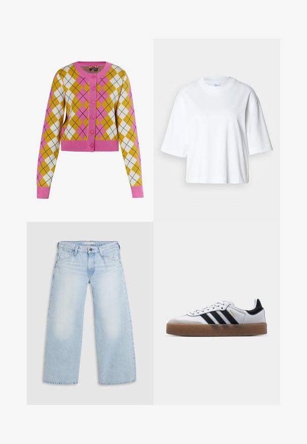 Cárdigan recortado en un patrón de rombos amarillo, blanco y rosa. Presenta botones rosas y puños acanalados. Hecho de material de punto suave.; Camiseta blanca corta con mangas cortas, escote redondo, hecha de material de algodón suave, con un diseño simple y limpio.; Jeans de pierna ancha en un suave tono azul, confeccionados en denim. Presentan corte recto, diseño de cinco bolsillos y un cierre de botón en la cintura.; Zapatillas de cuero blancas con rayas negras, suela de goma, puntera redonda, cierre de cordones y caperuza de ante gris suave.