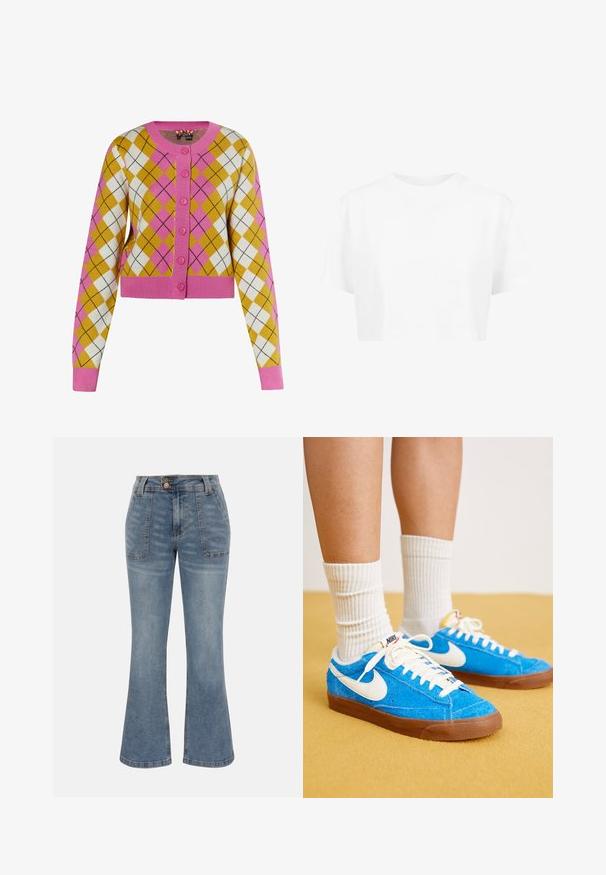 Cropped cardigan i gul, hvid og lyserød argyle mønster. Har lyserøde knapper og ribbede manchetter. Fremstillet af blødt strikmateriale.; Hvid cropped t-shirt, korte ærmer, rund halsudskæring, lavet af blødt stof, uden synlige mønstre eller distinkt hardware.; Blå denimjeans med høj talje, forlommer med lap, knap- og lynlås-lukning og en let udvidet ben-silhuet.; Blå ruskind Nike sneakers med hvide detaljer, flade snørebånd og brune gummisåler, parret med ribbede hvide sokker.