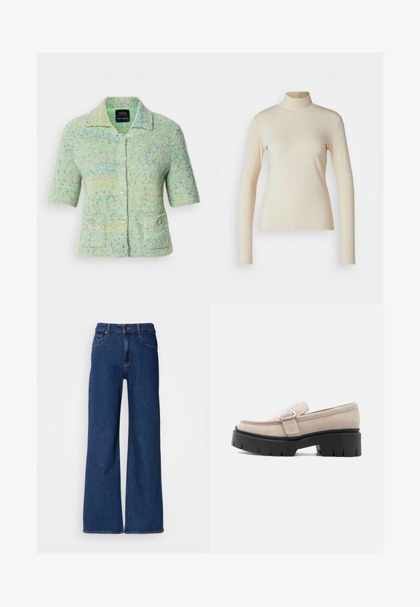 Kortærmet mintgrøn strikket cardigan med en tekstureret overflade, der har farverige prikke, en krave og fire knaplukninger.; Cremefarvet langærmet turtleneck top lavet af glat, strækbart stof; tætsiddende design med høj hals og ingen synlige mønstre eller detaljer.; Mørkeblå denim bredbenede jeans med høj talje, fem lommer og orange syninger. Har en lynlåse og bæltestropper.; Beige ruskindslipper med sølvspænde og tyk sort kraftig sål, set fra siden på hvid baggrund.