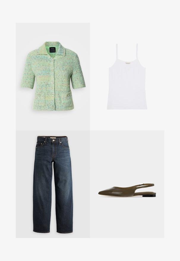 Cardigan en tricot vert menthe à manches courtes avec une finition texturée, ornée de taches colorées, d'un col et de quatre boutons de fermeture.; Débardeur blanc Calvin Klein pour femme avec fines bretelles et design simple et ajusté.; Jean bleu foncé en denim, avec une coupe droite, style cinq poches, accents de surpiqûres et fermeture à bouton.; Chaussure plate à bout pointu vert olive avec bride arrière, talon noir bas et finition lisse et brillante.