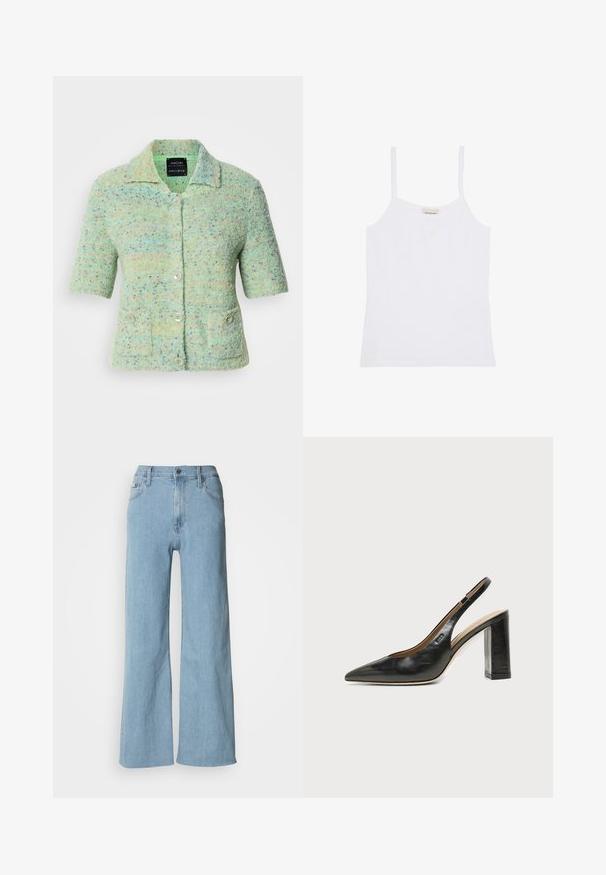 Kortærmet mintgrøn strikket cardigan med en tekstureret overflade, der har farverige prikke, en krave og fire knaplukninger.; Hvid Calvin Klein dame top med tynde skulderstropper og enkelt, tætsiddende design.; Lyseblå vidde jeans lavet af denim, med en tætsiddende talje, fem-lomme design og subtile syningsdetaljer.; Sort læder peep-toe slingback sko med høj blokhæl og beige indvendig foring mod en ensfarvet lys baggrund.