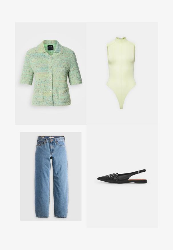 Lyhythihainen mintunvihreä neulecardigan, jossa on tekstuuripinta ja värikkäitä kirjavia pisteitä, kaulus ja neljä napin sulkijaa.; Limevihreä olkaimeton bodysuit, jossa on korkea kaula-aukko, saumaton muotoilu ja thong-takaosa, valmistettu pehmeästä ja joustavasta kankaasta.; Vaaleansiniset farkut, joissa on suora lahkeen muotoilu, viisi taskua, vetoketjuhaitari ja hienovarainen haalistunut pinta. Klassinen tyyli, jossa on vähän metalliosia.; Musta nahkainen slingback-tasapohjashoe, jossa on teräväkärkinen muotoilu, kaksi vaakasuoraa hihnaa ja neliönmuotoiset hopeiset soljet, matala korko ja sileä pinta.