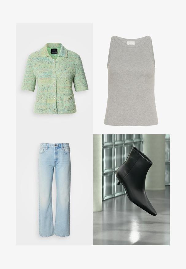 Kortærmet mintgrøn strikket cardigan med en tekstureret overflade, der har farverige prikke, en krave og fire knaplukninger.; Grå ribbet tanktop med rund halsudskæring og ærmeløs design. Fremstillet af blødt stof, har en tætsiddende silhuet og minimale syninger.; Lyseblå brede jeans lavet af denim med et klassisk fem-lomme design og en subtil falmet tekstur. Denim-syninger er synlige.; Sort læderankelstøvle med spids tå og lav kitten-hæ, vist vinklet mod en poleret gulv- og glasblokvæg.