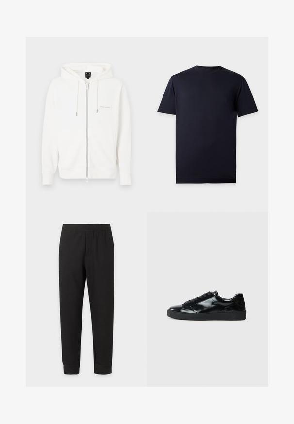 Sweat à capuche blanc zippé en tissu doux, doté d'une capuche avec cordon, de poignets côtelés et d'un petit patch logo sur la poitrine.; T-shirt uni bleu marine foncé à manches courtes et col rond avec un petit logo brodé discret sur la poitrine gauche.; Pantalon décontracté noir à taille élastique avec jambes effilées et ourlets revers sur fond blanc.; Baskets en cuir verni noir avec un bout arrondi, un laçage, une semelle en caoutchouc texturé et une finition lisse.