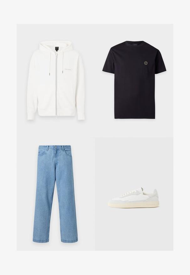 Sweat à capuche blanc zippé en tissu doux, doté d'une capuche avec cordon, de poignets côtelés et d'un petit patch logo sur la poitrine.; T-shirt noir à manches courtes avec col rond et petit logo circulaire sur la poitrine gauche affichant "A|X" en blanc et or.; Jean en denim bleu clair à jambes droites avec poches devant, passants de ceinture et fermeture par bouton, sur fond uni.; Baskets blanches avec dessus en daim et cuir texturé. Caractérisées par un bout arrondi, une fermeture à lacets et une semelle en caoutchouc beige contrastante.