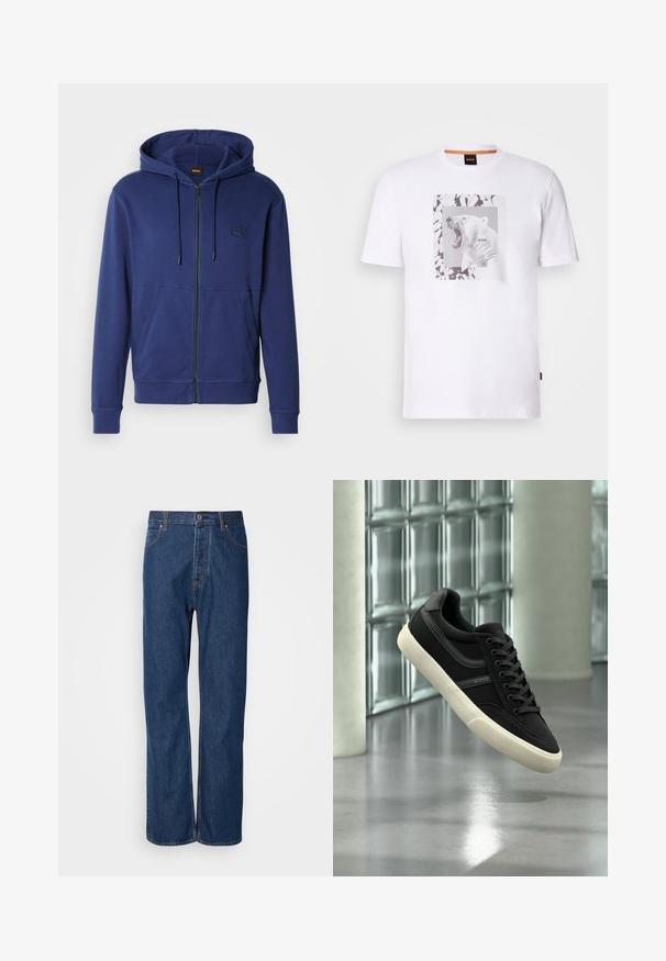 Sweat à capuche bleu marine en tissu doux, avec fermeture éclair intégrale, capuche à cordon de serrage et poches avant, orné d'un petit logo sur la poitrine.; T-shirt en coton blanc avec un graphique d'un ours polaire rugissant dans un cadre rectangulaire, accentué par des motifs abstraits en noir et gris.; Jean en denim bleu avec une coupe droite, équipés d'une fermeture à bouton, de cinq poches et de coutures contrastantes le long des coutures.; Baskets basses noires avec semelle et lacets blancs, de la marque "BOSS", flottant à l'intérieur près de fenêtres en blocs de verre et de piliers en béton.