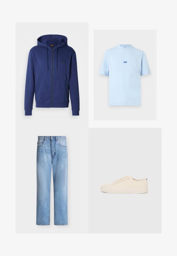 Sweat à capuche bleu marine en tissu doux, avec fermeture éclair intégrale, capuche à cordon de serrage et poches avant, orné d'un petit logo sur la poitrine.; T-shirt bleu clair à manches courtes avec un petit logo rectangulaire bleu portant la mention "HUGO" centré sur la poitrine.; Jean droit en denim bleu clair avec fermeture par bouton et zip, poches avant et arrière, et passants de ceinture à la taille.; Baskets en toile beige avec bout arrondi, semelle en caoutchouc plate et lacets à l'avant. Présente un design minimaliste et un accent noir contrastant au niveau du talon.